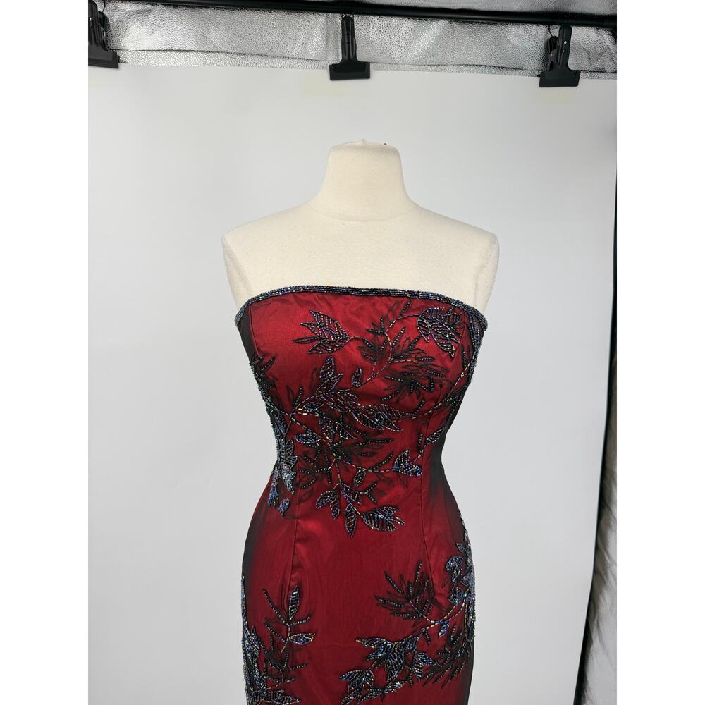 Vintage Cache Strapless Beaded Burgundy Black Evening Gown Mesh Dress Whimsygoth - Picture 3 of 16